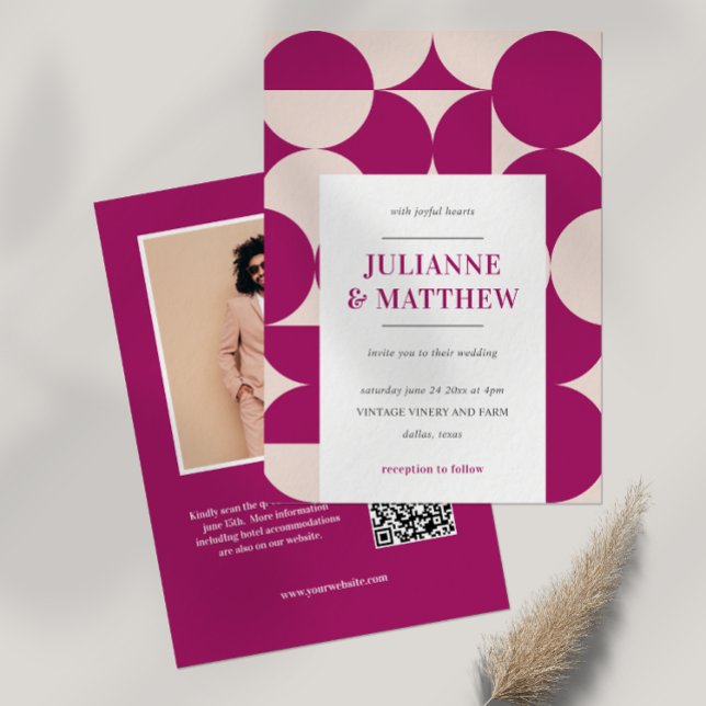 Mid Century mod Purple Circle Scallop QR  PHOTO Invitation (Purple Vintage Retro Seventies or Sixties Inspired Photo Wedding Invitation with QR CODE. ALL IN ONE)