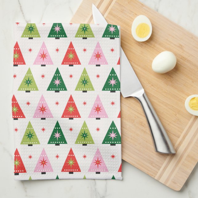 Mid-century mod Red and Green Christmas Kitchen Towel (Quarter Fold)