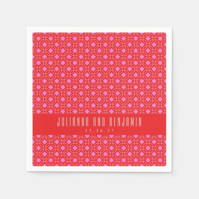 Mid Century Mod Red Pink Geometric Custom Wedding  Napkins (Front)