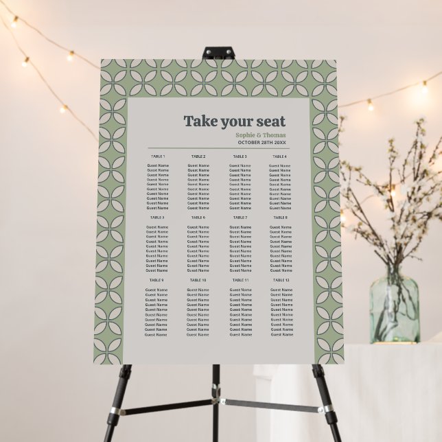 Mid Century Mod Retro Wedding Green Seating Chart Foam Board (In Situ (Stand))