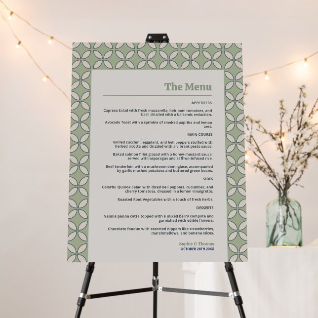 Mid Century Mod Retro Wedding Olive Green Menu Foam Board (In Situ (Stand))