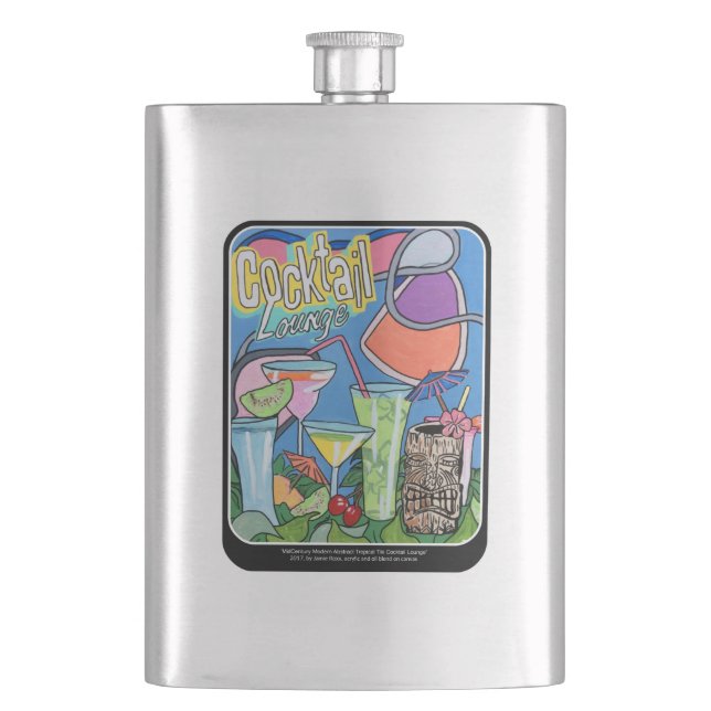 Mid Century Mod Tropical Tiki Lounge painting on a Hip Flask (Front)