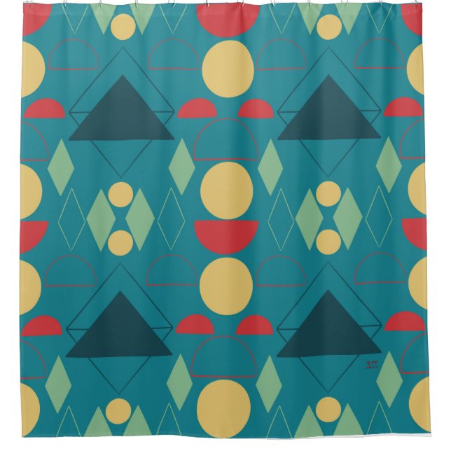 Mid Century Mod Turquoise Geometric  Shower Curtain (Front)
