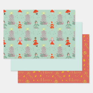 Mid century mod women retro Christmas, pink, green Wrapping Paper Sheets