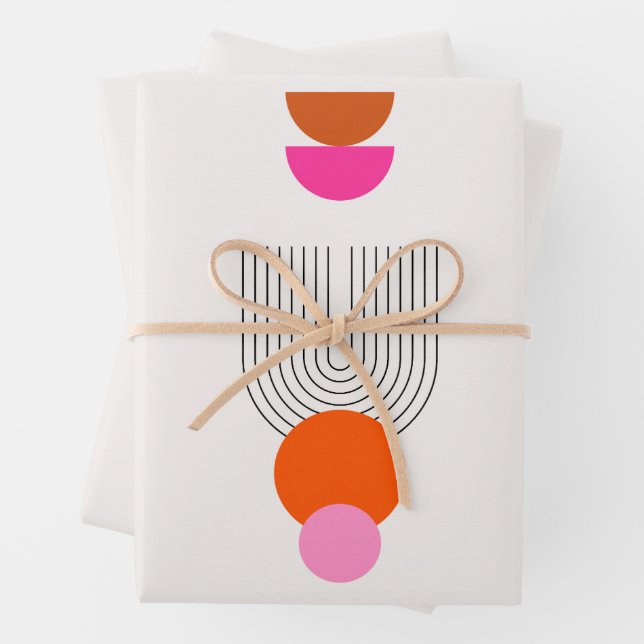 Mid Century Modern 03 Abstract Arch Pink Orange Wrapping Paper Sheets (In situ)