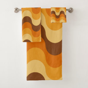 Mid Century Modern 1970s Wavy Stripe Pattern Bath Towel Set
