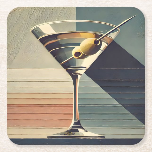 Mid Century Modern 2 Olive Martini Cocktail Hour Square Paper Coaster (Front)