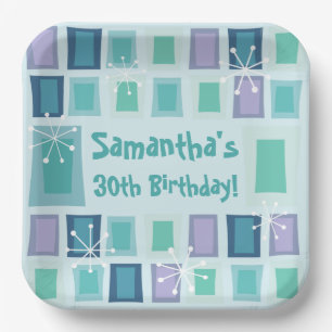 Mid Century Modern 30th Birthday Aquamarine Paper Plates