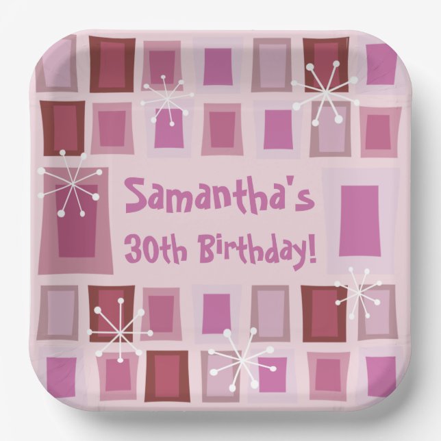 Mid Century Modern 30th Birthday Pink Paper Plates (Front)