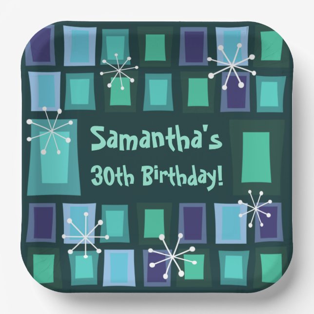Mid Century Modern 30th Birthday Teal Paper Plates (Front)