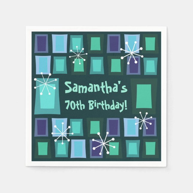 Mid Century Modern 70th Birthday Teal Napkins (Front)