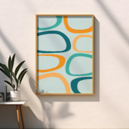 Mid Century Modern Abstract Aqua, Teal, Orange Framed Art