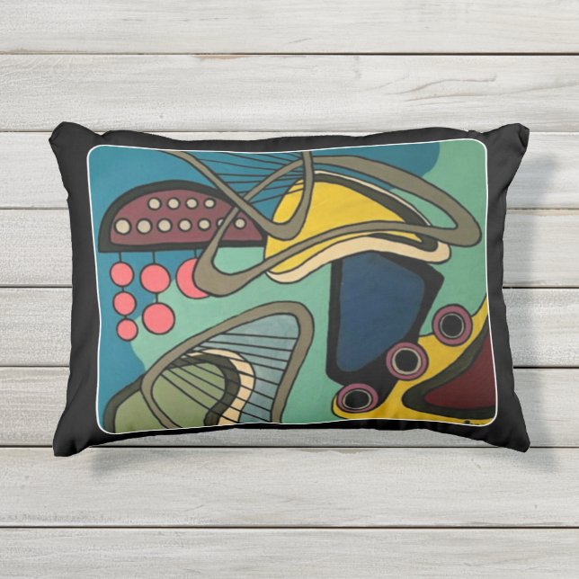 'Mid-Century Modern Abstract Aquatic' painting on Outdoor Pillow (Front)