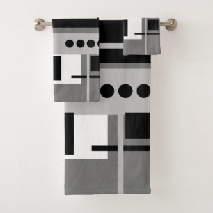 Mid Century Modern Abstract Black White and Grey Bath Towel Set