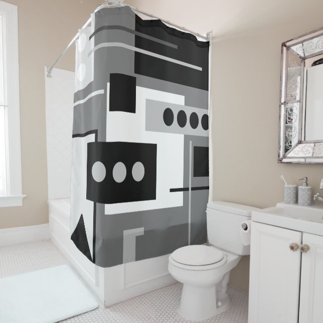 Mid Century Modern Abstract Black White and Grey   Shower Curtain (In Situ)