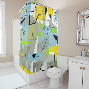 Mid-century Modern Abstract Blue Shower Curtain