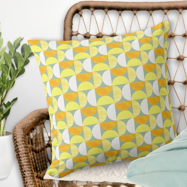 Mid Century Modern Abstract Bright Semicircles Throw Pillow (A throw pillow with mid century modern design of semicircles in orange, yellow and white on green)