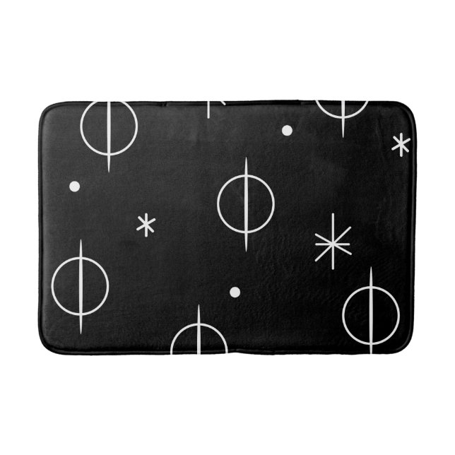 Mid Century Modern Abstract Circles Stars Black Bath Mat (Front)