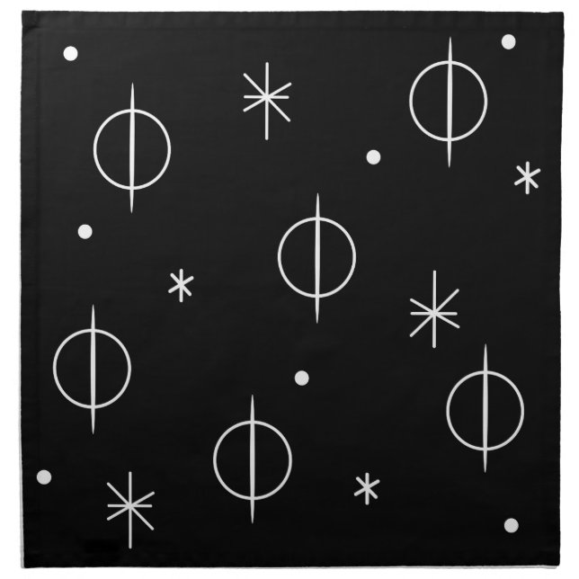 Mid Century Modern Abstract Circles Stars Black Cloth Napkin (Front)