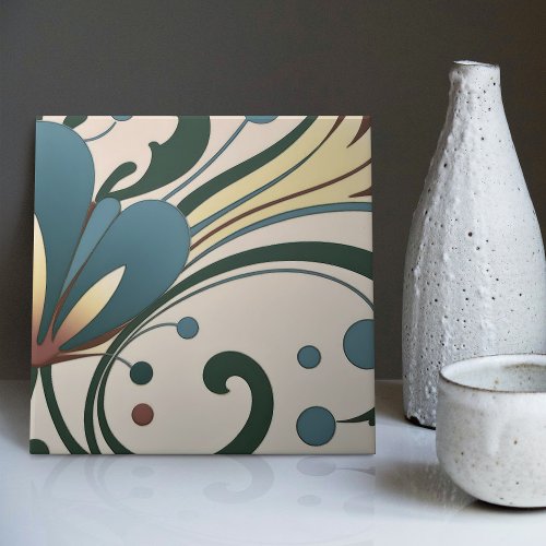 Mid_Century Modern Abstract Floral Symmetry Ceramic Tile