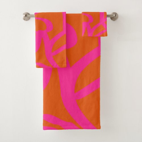 Mid Century Modern Abstract Lines Orange And Pink Bath Towel Set