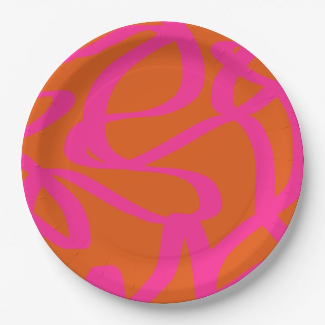 Mid Century Modern Abstract Lines Orange And Pink Paper Plates (Front)