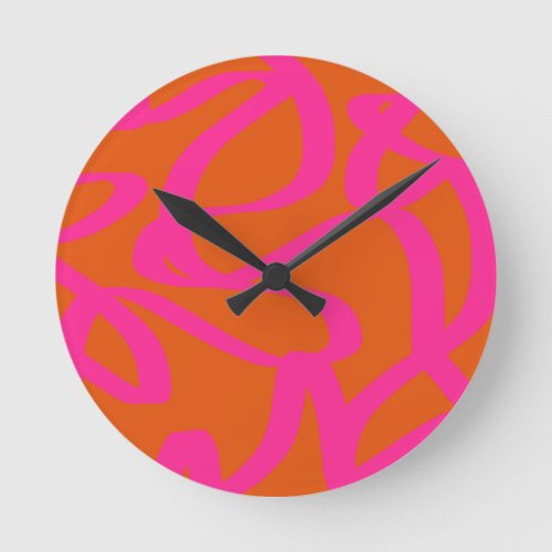 Mid Century Modern Abstract Lines Orange And Pink Round Clock