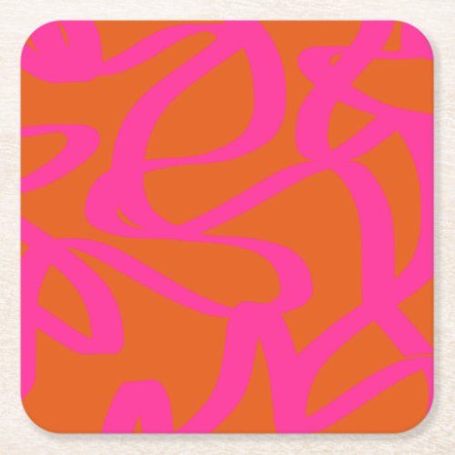 Mid Century Modern Abstract Lines Orange And Pink Square Paper Coaster