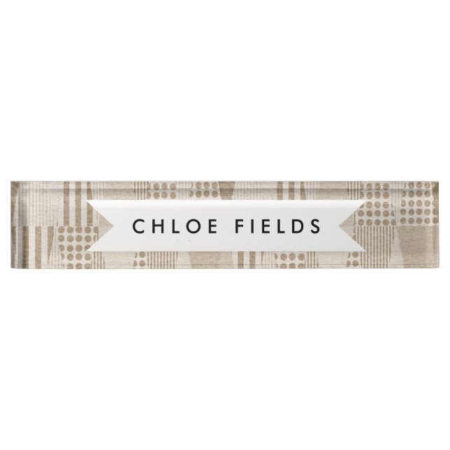 Mid Century Modern Abstract Neutral Print Desk Name Plate (Front)