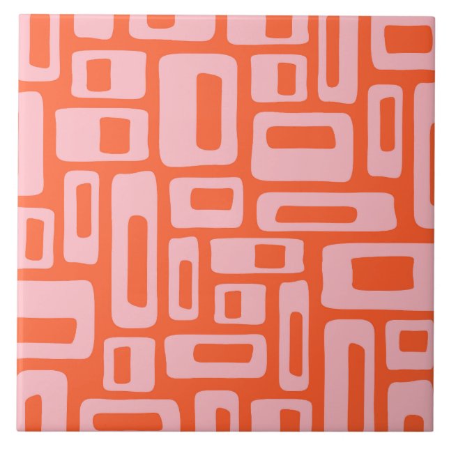 Mid Century Modern Abstract Orange & Pink Pattern Ceramic Tile (Front)