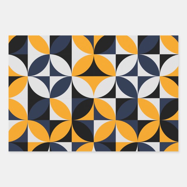 Mid Century Modern Abstract Pattern Blue & Yellow Wrapping Paper Sheets (Front)