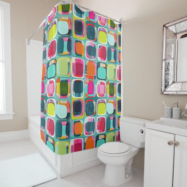  Mid Century Modern Abstract Pattern Colorful Shower Curtain (In Situ)