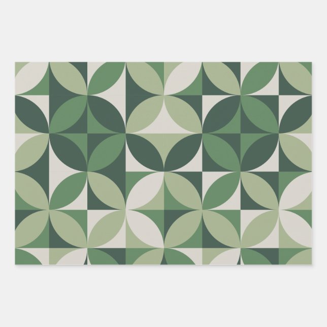 Mid Century Modern Abstract Pattern Green & Grey Wrapping Paper Sheets (Front)