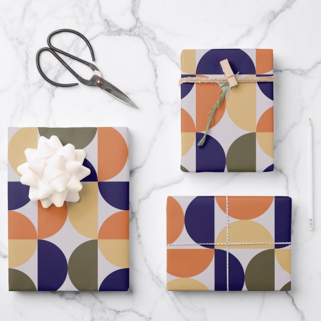 Mid Century Modern Abstract Pattern Orange & Blue Wrapping Paper Sheets (Front)