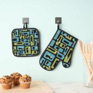 Mid Century Modern Abstract Pattern Oven Mitt & Pot Holder Set