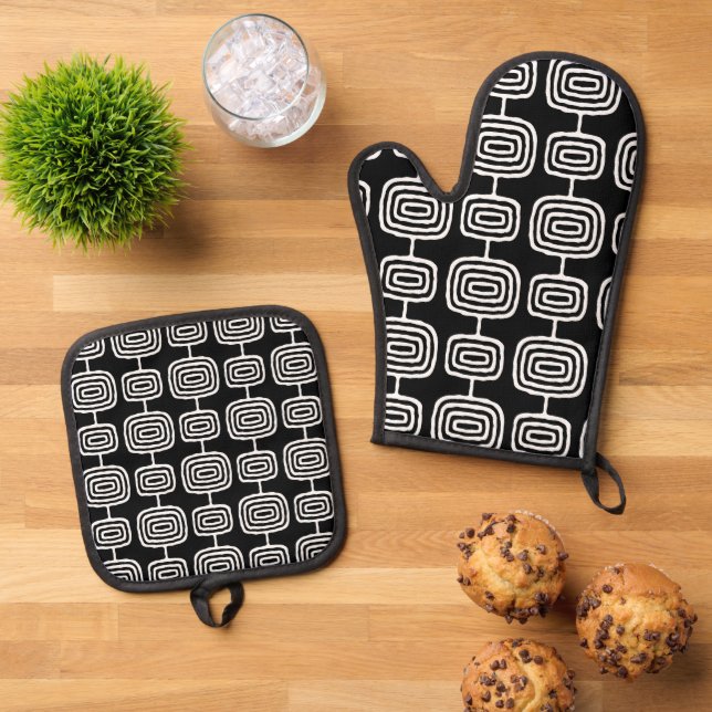 Mid Century Modern Abstract Pattern Oven Mitt & Pot Holder Set (Top Down)