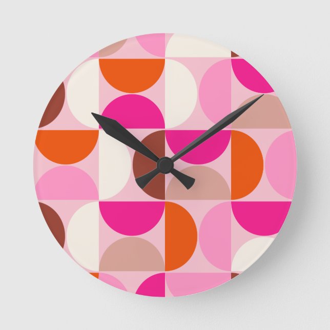 Mid Century Modern Abstract Pattern Pink Orange Round Clock (Front)