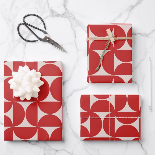 Mid Century Modern Abstract Pattern Red Wrapping Paper Sheets (Front)