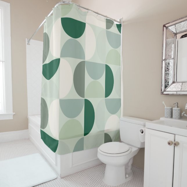 Mid Century Modern Abstract Pattern Sage Green Shower Curtain (In Situ)