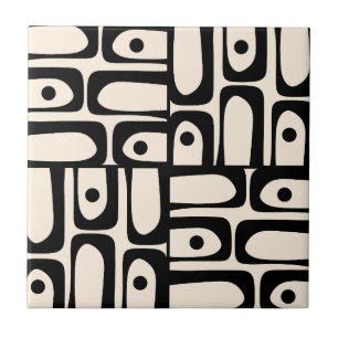 Mid Century Modern Abstract Piquet Black and Cream Ceramic Tile