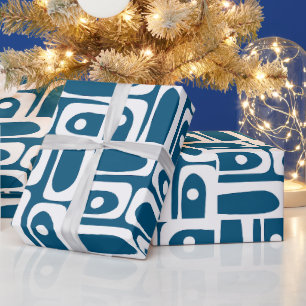 Mid Century Modern Abstract Piquet Pattern Blue Wrapping Paper