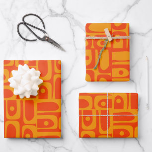 Mid Century Modern Abstract Piquet Patterns Orange Wrapping Paper Sheets