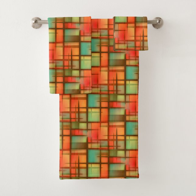 Mid Century Modern Abstract Plaid Blue Green Red Bath Towel Set (Insitu)
