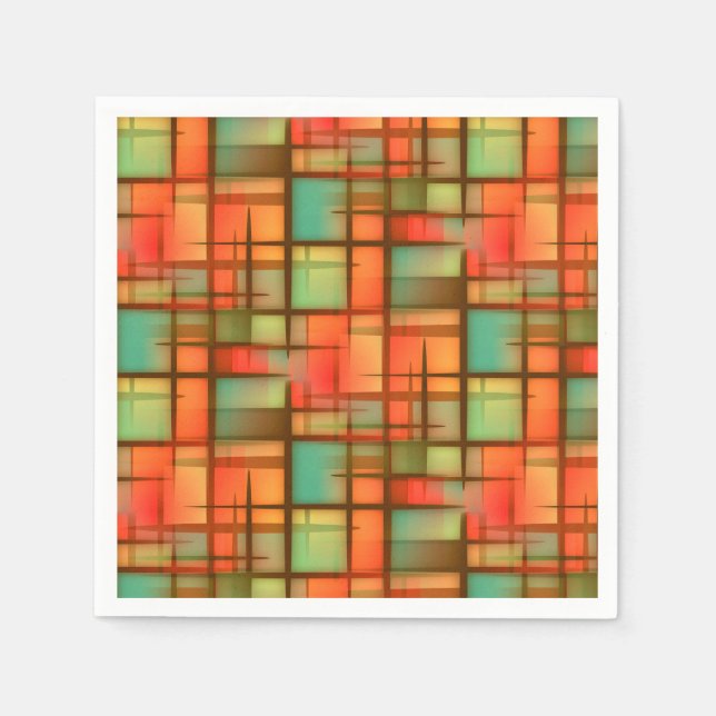 Mid Century Modern Abstract Plaid Red Blue Green Paper Napkins (Front)