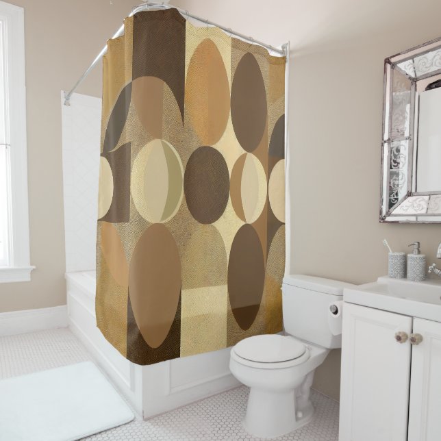Mid Century Modern Abstract Retro Brown Earth Tone Shower Curtain (In Situ)