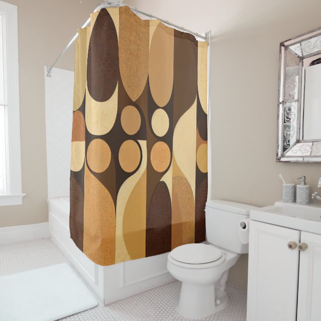 Mid Century Modern Abstract Retro Brown Earth Tone Shower Curtain (In Situ)