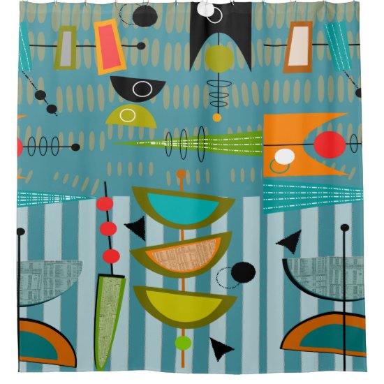 Mid-Century Modern Abstract Shapes Blue Shower Curtain