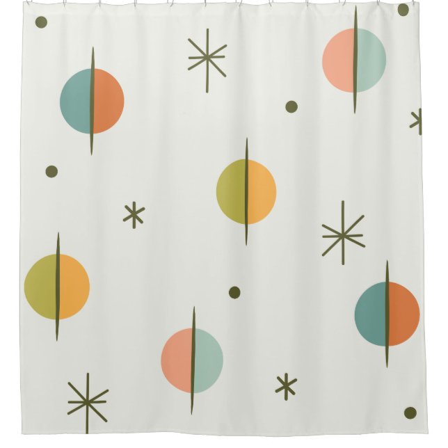 Mid Century Modern Abstract Spheres and Stars Shower Curtain (Front)