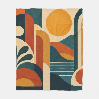 Mid Century Modern Abstract Sun and Arches Fleece Blanket
