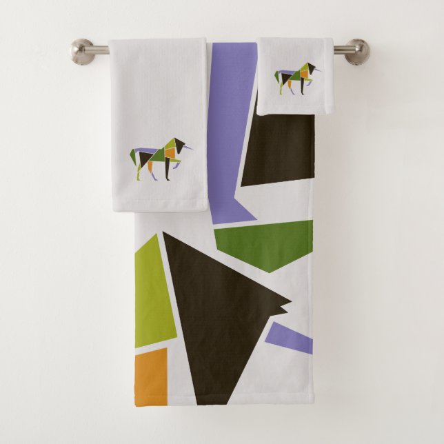 Mid-Century Modern Abstract Unicorn Tangram Animal Bath Towel Set (Insitu)